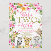ピンク生まれフローラ2ベワイルドジャングル誕生日ガール 招待状 (正面/裏面)