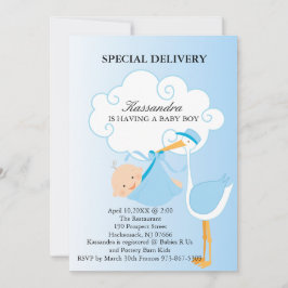 ピンク男の赤ちゃんコウノトリ赤ちゃんシャワー招待状 招待状