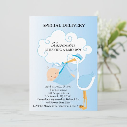 ピンク男の赤ちゃんコウノトリ赤ちゃんシャワー招待状 招待状 (スタンド正面)