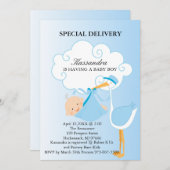 ピンク男の赤ちゃんコウノトリ赤ちゃんシャワー招待状 招待状 (正面/裏面)