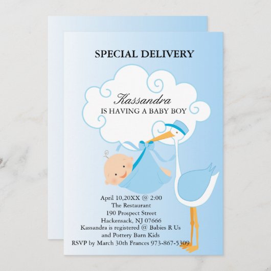ピンク男の赤ちゃんコウノトリ赤ちゃんシャワー招待状 招待状 (正面/裏面)