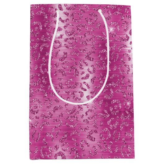 ピンク白いスパークルヒョウ柄 ミディアムペーパーバッグ (正面)