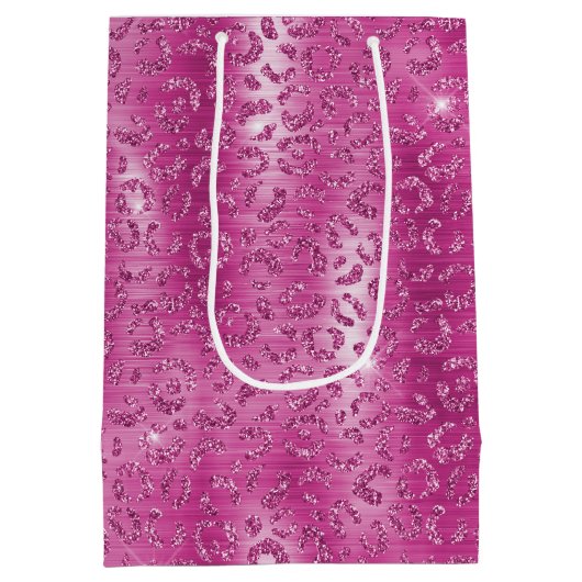 ピンク白いスパークルヒョウ柄 ミディアムペーパーバッグ (裏面)