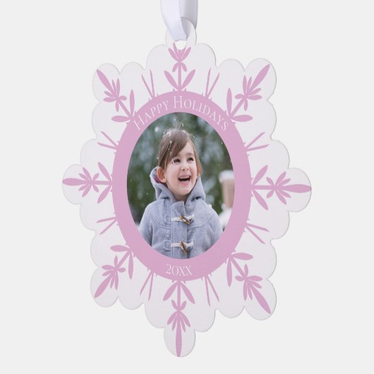 ピンク白い冬のスノーフレーク幸せな休日の日付 オーナメントカード (左)