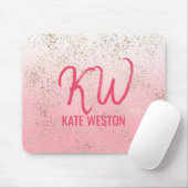 ピンク白い斑点グラデーションのある金ゴールドフレークモノグラム マウスパッド (マウス)