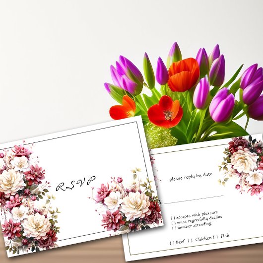 ピンク白い水彩夏の花の応答カード 出欠カード