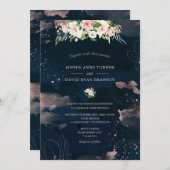 ピンク白い花バラ金ゴールドネイビーブルー結婚ズ 招待状 (正面/裏面)