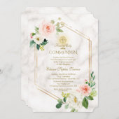 ピンク白い花大理石金ゴールド聖餐式 招待状 (正面/裏面)