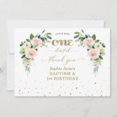 ピンク白い花女の子1歳の誕生日バプテスマ サンキューカード (正面)