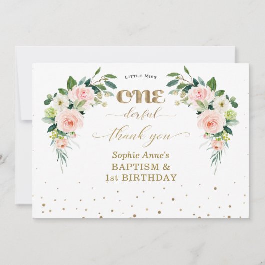 ピンク白い花女の子1歳の誕生日バプテスマ サンキューカード (正面)