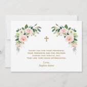 ピンク白い花女の子1歳の誕生日バプテスマ サンキューカード (裏面)