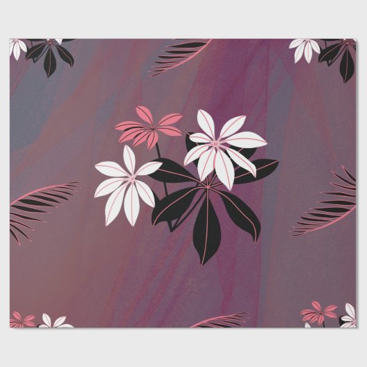 ピンク白と黒の熱帯フローラ ラッピングペーパー (フラット)