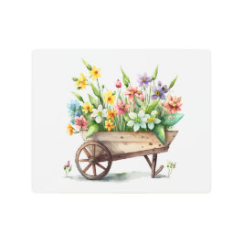 ピンク白イエローパープルフラワーズウッドホイールバレル メタルプリント