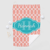 ピンク白エレガント格子パターンティール（緑がかった色）モノグラム ゴルフタオル (インサイチュ)