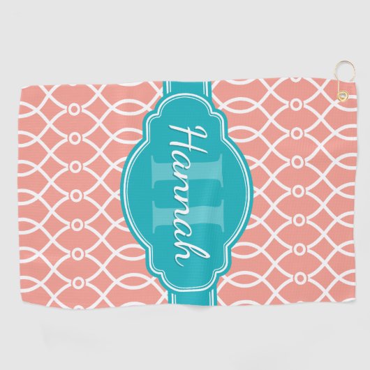 ピンク白エレガント格子パターンティール（緑がかった色）モノグラム ゴルフタオル (横)
