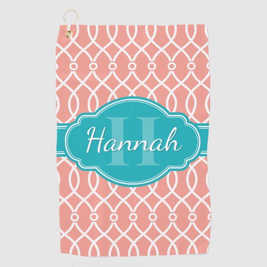 ピンク白エレガント格子パターンティール（緑がかった色）モノグラム ゴルフタオル (正面)