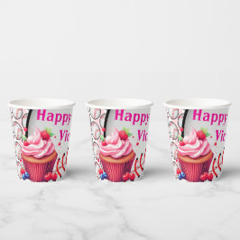 ピンク白ストライプの紙コップ 誕生日 野球 紙コップ