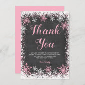 ピンク白スノーフレーク女の子の赤ちゃんシャワー サンキューカード (正面/裏面)