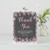 ピンク白スノーフレーク女の子の赤ちゃんシャワー サンキューカード (スタンド正面)