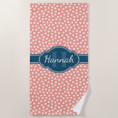 ピンク白ドット柄 ネイビーモノグラム ビーチタオル (正面)