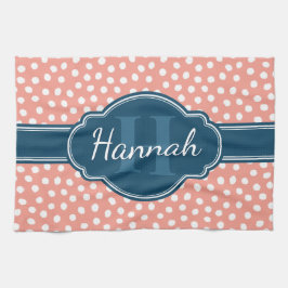 ピンク白パタ点々のあるーンネイビーモノグラム キッチンタオル
