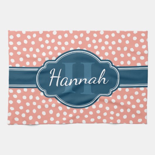 ピンク白パタ点々のあるーンネイビーモノグラム キッチンタオル (横)