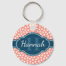ピンク白パタ点々のあるーンネイビーモノグラム キーホルダー