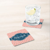 ピンク白パタ点々のあるーンネイビーモノグラム スクエアペーパーコースター (インサイチュ)