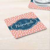 ピンク白パタ点々のあるーンネイビーモノグラム スクエアペーパーコースター (アングル)