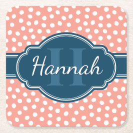 ピンク白パタ点々のあるーンネイビーモノグラム スクエアペーパーコースター