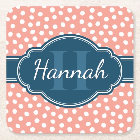 ピンク白パタ点々のあるーンネイビーモノグラム スクエアペーパーコースター (正面)