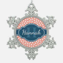 ピンク白パタ点々のあるーンネイビーモノグラム スノーフレークピューターオーナメント