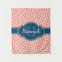 ピンク白パタ点々のあるーンネイビーモノグラム タペストリー