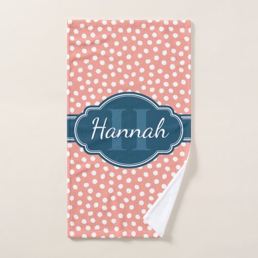 ピンク白パタ点々のあるーンネイビーモノグラム ハンドタオル (ハンドタオル)