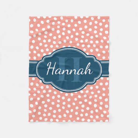 ピンク白パタ点々のあるーンネイビーモノグラム フリースブランケット (正面)