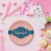 ピンク白パタ点々のあるーンネイビーモノグラム ペーパープレート (パーティー)