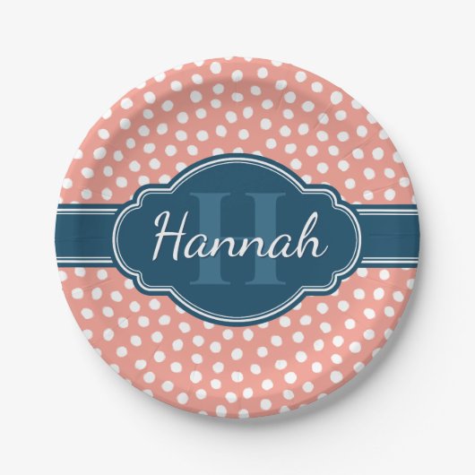 ピンク白パタ点々のあるーンネイビーモノグラム ペーパープレート (正面)