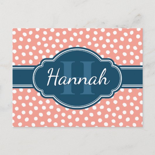 ピンク白パタ点々のあるーンネイビーモノグラム ポストカード (正面)