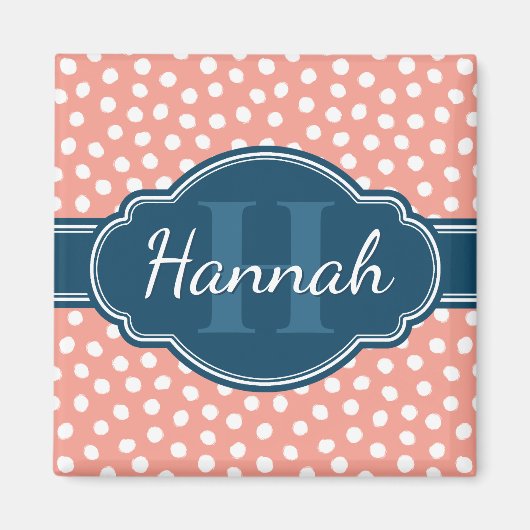 ピンク白パタ点々のあるーンネイビーモノグラム マグネット (正面)