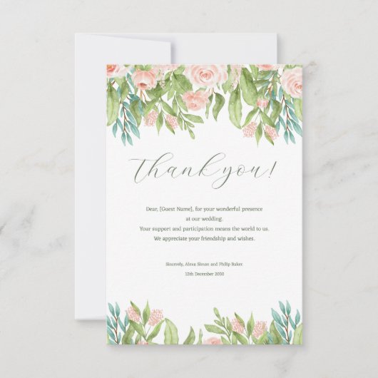 ピンク白モダン緑結婚のサンキューカード サンキューカード (正面)