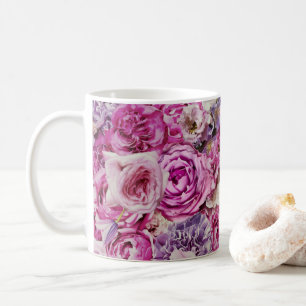 ピンク白ラベンダーバラ花模様 コーヒーマグカップ