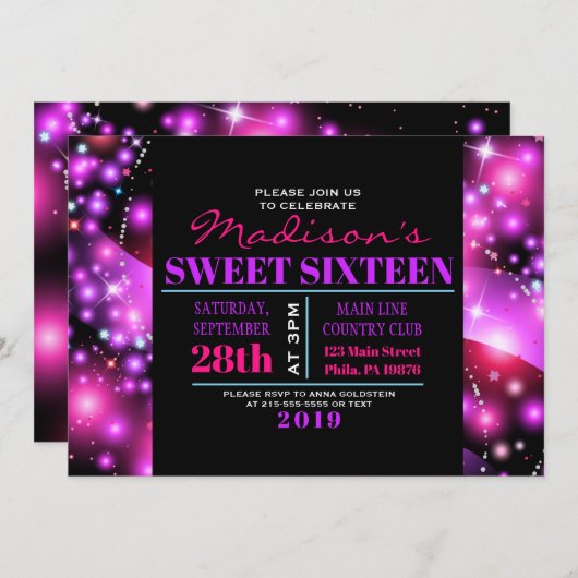 ピンク白熱［赤熱］光を放つスターズSweet sixteen16招待状 招待状 (正面/裏面)