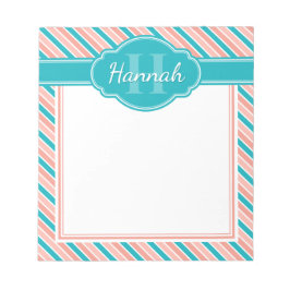 ピンク白色ティール（緑がかった色）はっきりしたストライプモノグラム付きパターン ノートパッド