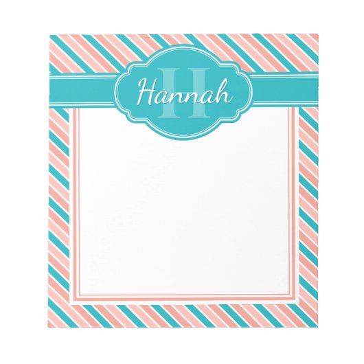 ピンク白色ティール（緑がかった色）はっきりしたストライプモノグラム付きパターン ノートパッド (正面)