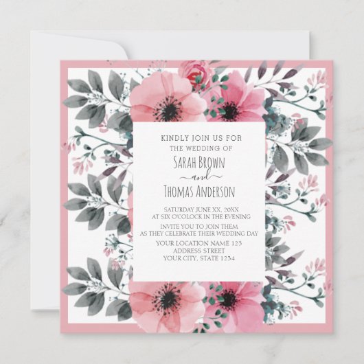 ピンク白色水彩フローラ 招待状 (正面)