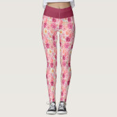 ピンク白色赤面ピンクマゼンタフローラ花ガーリー レギンス (正面)