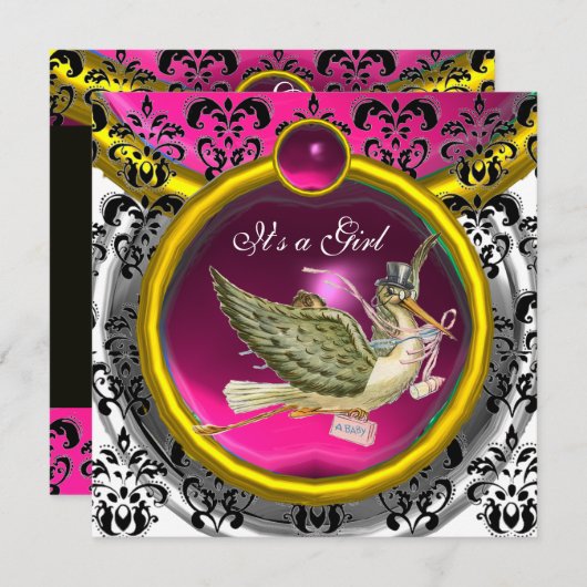 ピンク白金ゴールドダマスクコウノトリ赤ちゃんシャワーモノグラム 招待状 (正面/裏面)