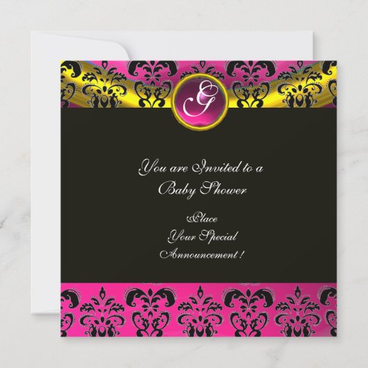 ピンク白金ゴールドダマスクコウノトリ赤ちゃんシャワーモノグラム 招待状 (裏面)