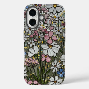 ピンク白金ゴールドワイルドフラワーステンドグラス効果 iPhone 16ケース