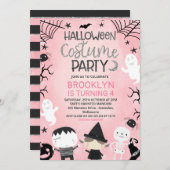 ピンク白黒ガールズハローウィンパーティ誕生日 招待状 (正面/裏面)